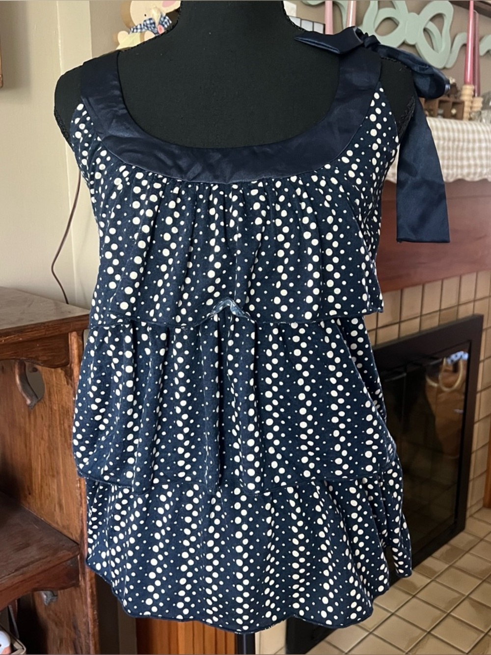 Wet Seal y2k Navy and White Polka Dot ruffle Tank Top